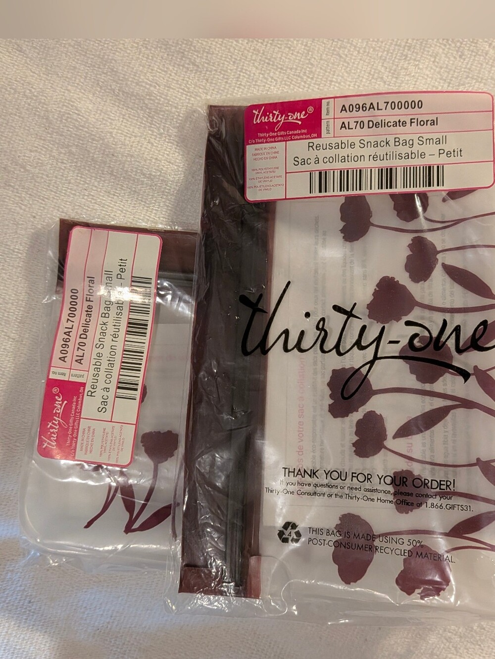 Thirty One 31 Plum Floral Reusable Snack Bags - Set Of 1 Medium And 1 Small
